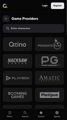 Qzino Casino game developers mobile page