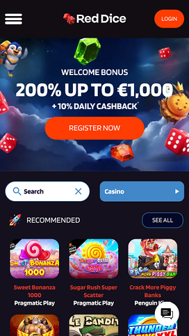 Página de inicio móvil de Red Dice Casino