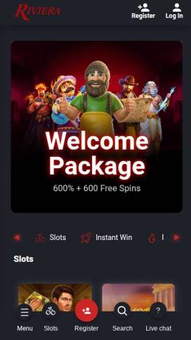 Homepage mobile screenshot of Riviera Casino