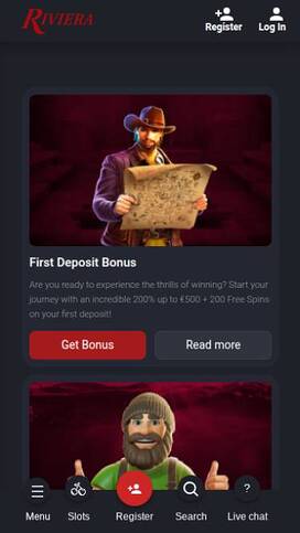 Promotions mobile page screenshot of Riviera Casino