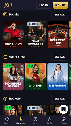 Casino móvil Rollxo con crupier en vivo