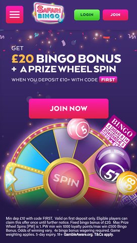 Safari Bingo Casino Mobile Homepage