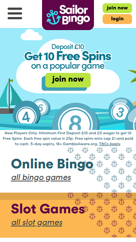 Sailor Bingo Mobile Homepage
