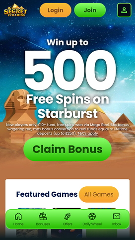 Secret Pyramids Casino Mobile Homepage