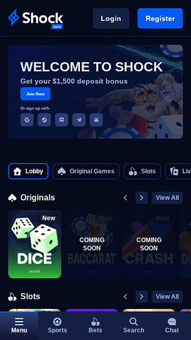 Homepage screenshot of Shock Casino for Mobile