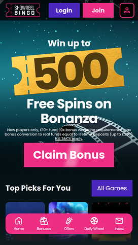 Showreel Bingo Casino Mobile Homepage