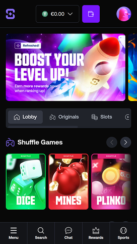 Shuffle Casino Mobile Homepage