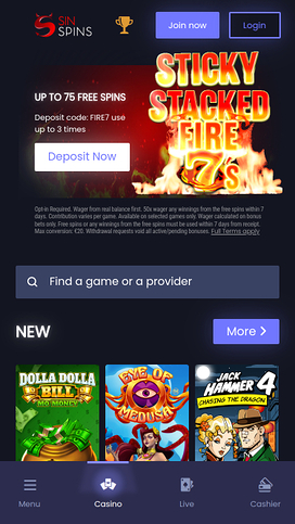 Sin Spins Casino Mobile Homepage
