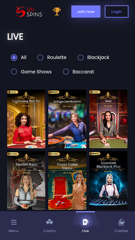 Sin Spins Casino Mobile Live Dealer