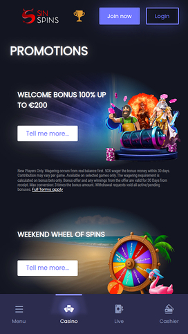 Sin Spins Casino Mobile Promotions