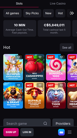 Skycrown Casino Mobile Homepage