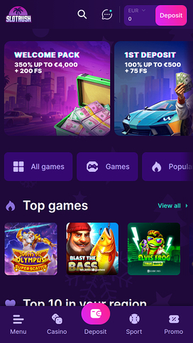 SlotRush Casino Mobile Homepage