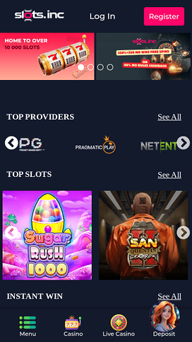 Slots.inc Casino Mobile Homepage