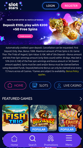 SlotStars Casino Mobile Homepage