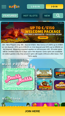 Slotzo Casino Mobile Homepage