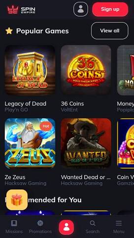 Games page mobile screenshot of SpinEmpire Casino