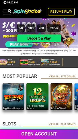 Spin Shake Casino Mobile Homepage