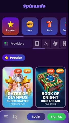 Mobile games page screenshot of Spinando Casino