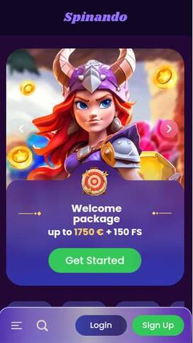 Mobile homepage screenshot of Spinando Casino