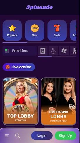 Mobile live page screenshot of Spinando Casino