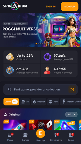 Página de inicio móvil de Spinarium Casino