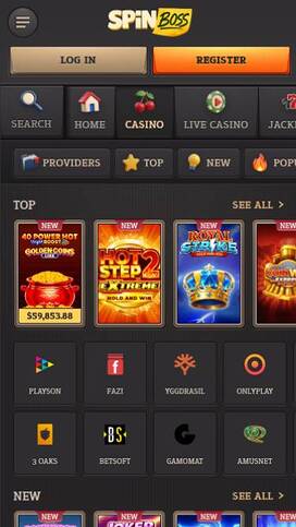 Games mobile page screenshot of Spinboss Casino