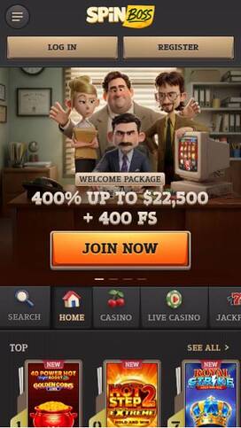 Homepage mobile screenshot of Spinboss Casino