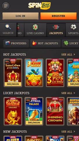 Jackpot mobile page screenshot of Spinboss Casino