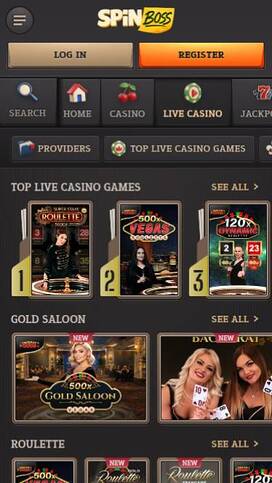 Live mobile page screenshot of Spinboss Casino