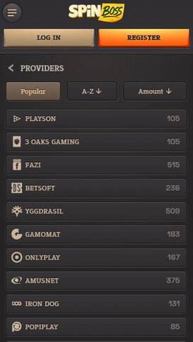 Providers mobile page screenshot of Spinboss Casino