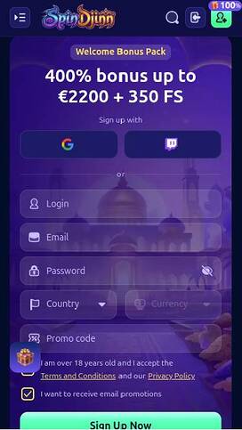 Página principal móvil del casino SpinDjinn