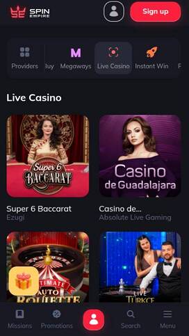 Live page mobile screenshot of SpinEmpire Casino