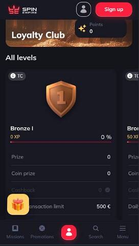 Loyalty program page mobile screenshot of SpinEmpire Casino