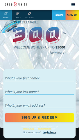 Spinfinity Casino Mobile Homepage