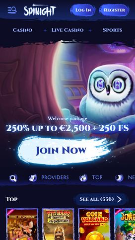 Página de inicio móvil de Spinight Casino