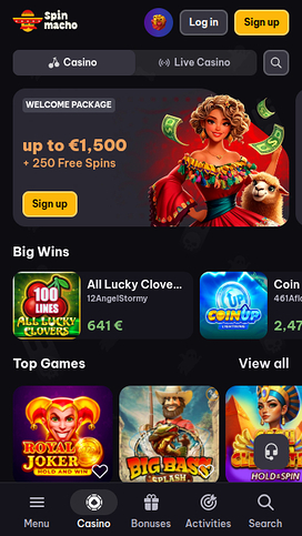 Captura de pantalla de la página de inicio de Spinmacho Casino para móviles.