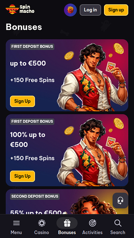 Captura de pantalla de las promociones de Spinmacho Casino para móviles