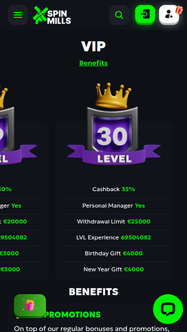 Screenshot of VIP Program of Spinmills Casino for Mobile