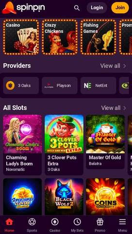 Homepage mobile screenshot of SpinPin Casino