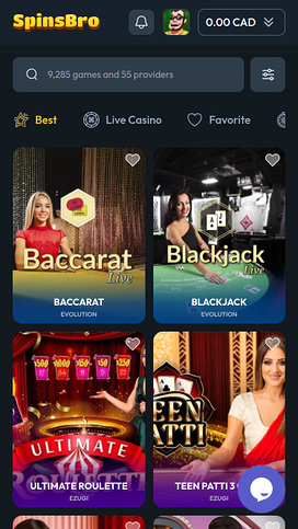 Spinsbro Casino Mobile Live Dealer