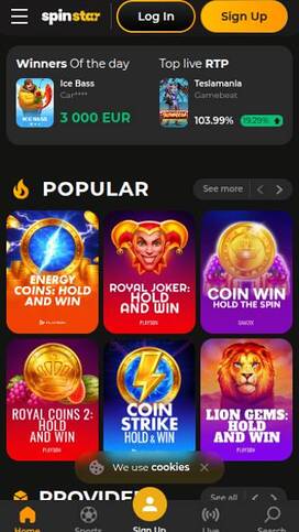 Homepage mobile screenshot of Spinstar Casino