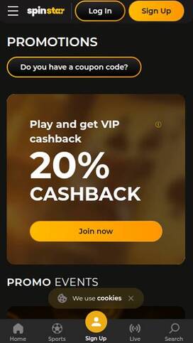 Promotions mobile page screenshot of Spinstar Casino
