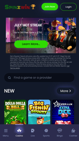 SpinzWin Casino Mobile Homepage