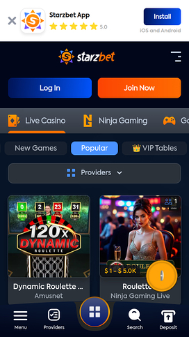 Casino móvil Starzbet con crupier en vivo