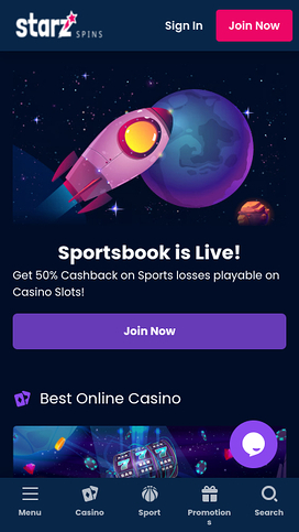 Captura de pantalla de la página de inicio de StarzSpins Casino para dispositivos móviles