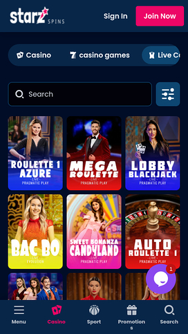 Captura de pantalla del crupier en vivo de StarzSpins Casino para dispositivos móviles