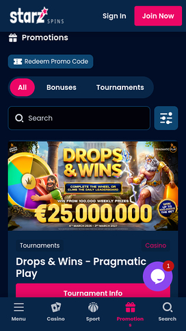 Captura de pantalla de promociones de StarzSpins Casino para dispositivos móviles