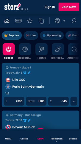 Apuestas deportivas móviles del casino StarzSpins
