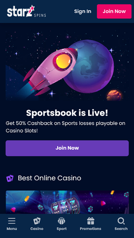Homepage screenshot of StarzSpins Casino for Mobile