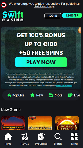 Swift Casino mobila startsida